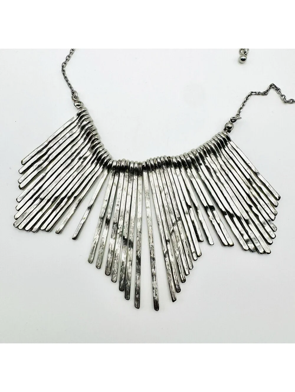 Retro Boho/Tribal Statement Necklace, Metal Fringe, Silver Tone